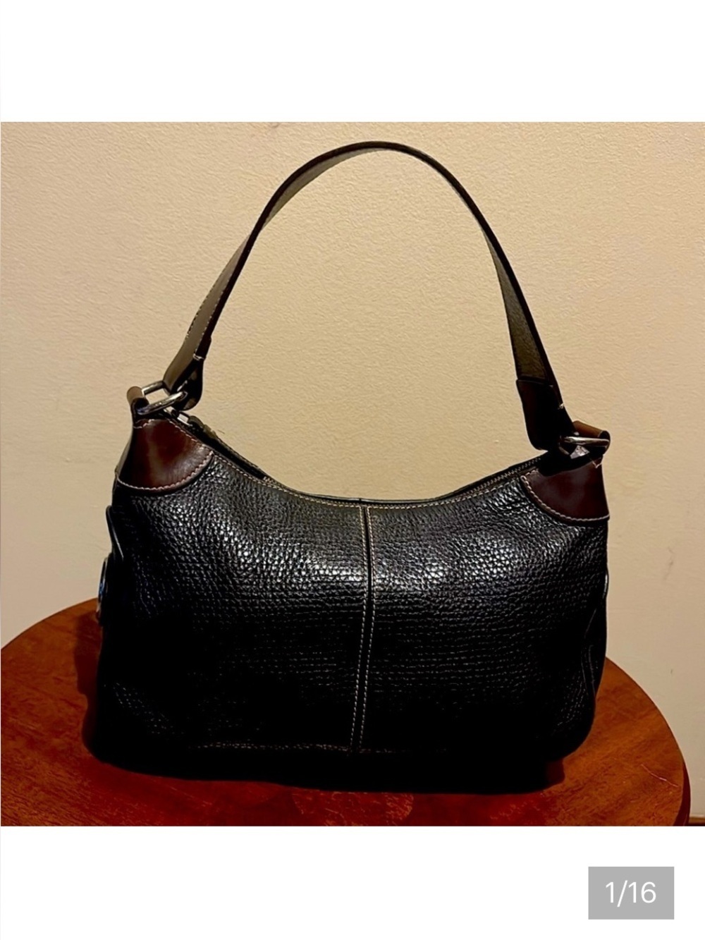 Dooney Bourke  satchel  shoulder bag black pebbled leather/ smooth brown trim